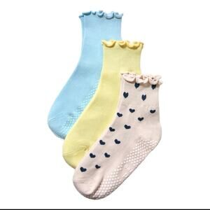 Hold For Three Ruffle Grip Socks 3 Pair Pilates Non Slip Blue, Yellow + Pink